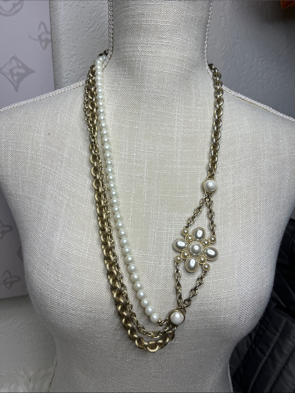 Gold-Tone Multi-Strand Pearl Floral Pendant Necklace - Women Jewelry